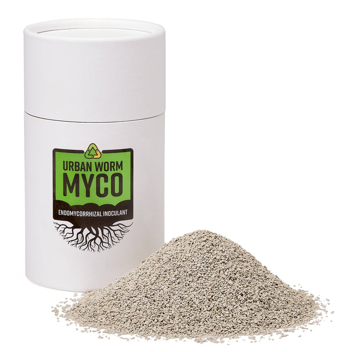 Urban Worm Myco Endomycorrhizal Inoculant. White tube and granular mycorrhizal fungi for healthy plant roots.