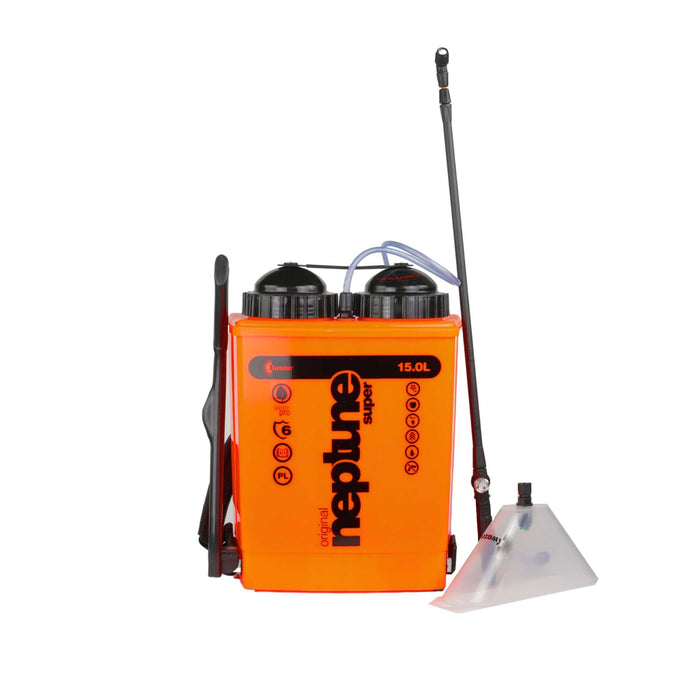 Orange Neptune Super 15L backpack sprayer with pump, hose, and spray wand. Ideal for garden and agricultural chemical use.