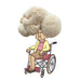 Elderly woman in wheelchair with a large Lion's Mane mushroom as hair. Supports brain health & cognitive function.