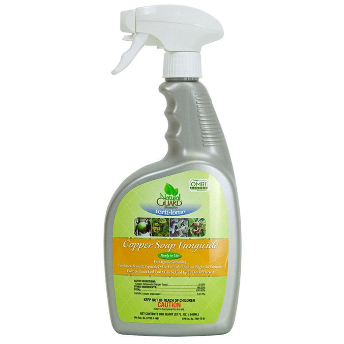 Natural Guard Copper Soap Fungicide spray, OMRI Listed for organic gardening. Controls peach leaf curl, blight on plants, fruits, vegetables.