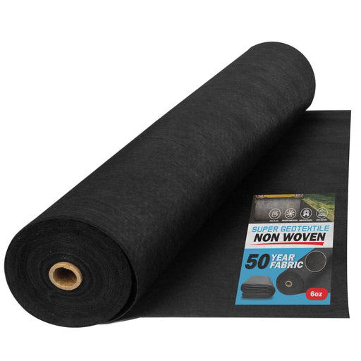 Black non-woven geotextile fabric roll, 50-year, 6oz heavy-duty weed barrier for landscaping and construction.