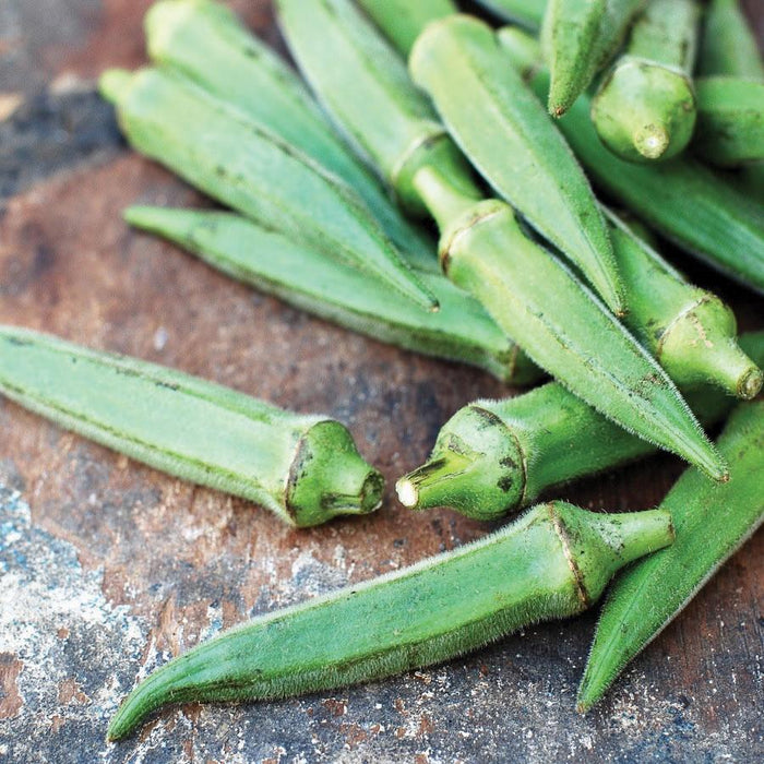Fresh green okra pods on a rustic surface. Healthy raw vegetables.