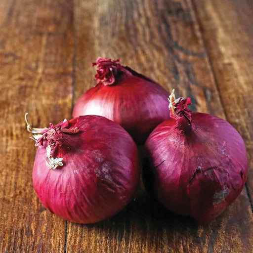 Three fresh red onions on a rustic wooden table.