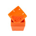 Bright orange square plastic plant pots stacked, one inverted showing drainage slits. Ideal for seed starting or small plants.