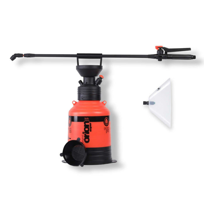Orion Super 3.0L orange pressure garden sprayer, black lance with adjustable nozzle, funnel, and translucent spray cone.