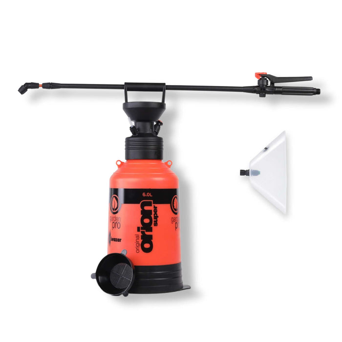 Kwazar Orion Super 6L orange garden pump sprayer with black lance, adjustable nozzle, funnel, and spray shield.
