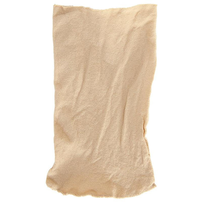 Light beige textured fabric swatch, soft crinkled material with irregular edges, neutral textile.