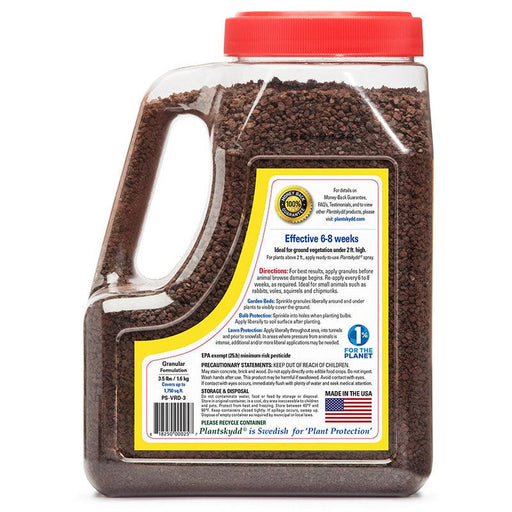 Plantskydd granular animal repellent in clear jug. Protects plants from rabbits, voles, squirrels, chipmunks.