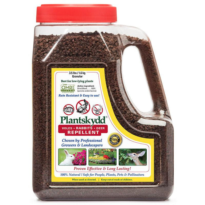 Plantskydd granular vole, rabbit, deer repellent. OMRI listed, 100% natural pest control for gardens.