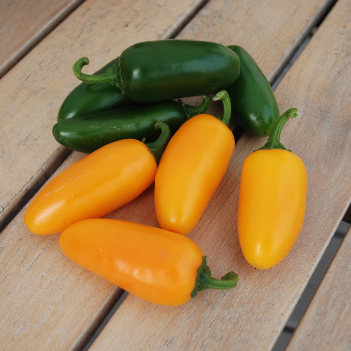 Fresh green jalapeños and bright orange mini sweet peppers on a rustic wooden table.