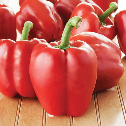 Pile of fresh red bell peppers with green stems on a wooden table.