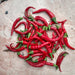 Vibrant red chili peppers with green stems scattered on a light, textured surface. Fresh, spicy cooking ingredients.
