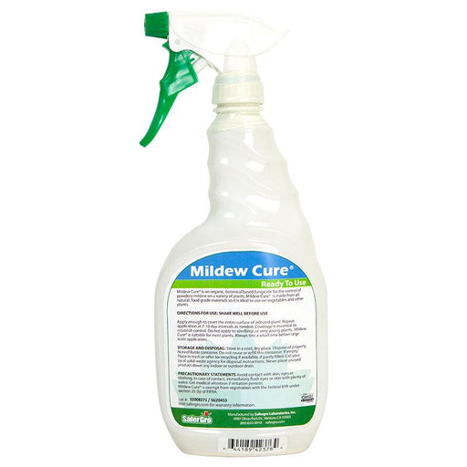 White spray bottle of Mildew Cure organic fungicide. Ready-to-use treatment for powdery mildew on plants and vegetables.