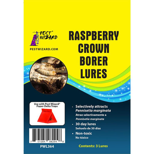 Pest Wizard Raspberry Crown Borer Lures packaging with larva, non-toxic, 30-day pest control for Pennisetia marginata.