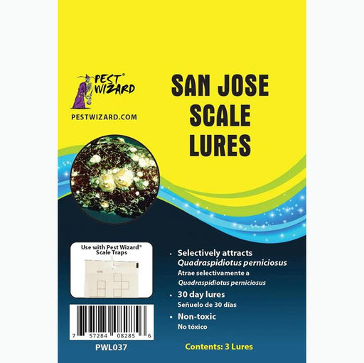 Pest Wizard San Jose Scale Lures (3-pack). Non-toxic, 30-day lures attract *Quadraspidiotus perniciosus* for pest control.