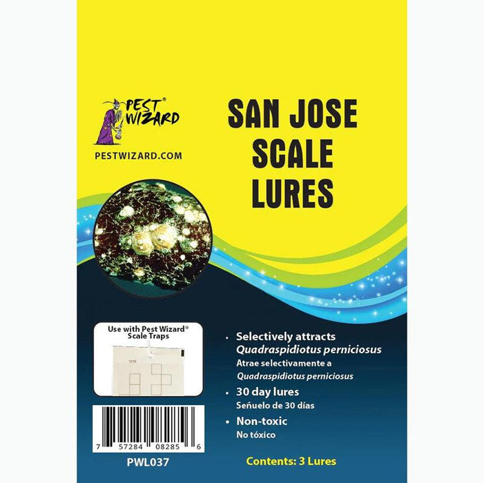 Pest Wizard San Jose Scale Lures (3-pack). Non-toxic, 30-day lures attract *Quadraspidiotus perniciosus* for pest control.