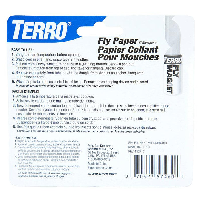 Terro Fly Paper T510 sticky insect trap packaging with instructions, barcode, and "Fly Magnet" tube.