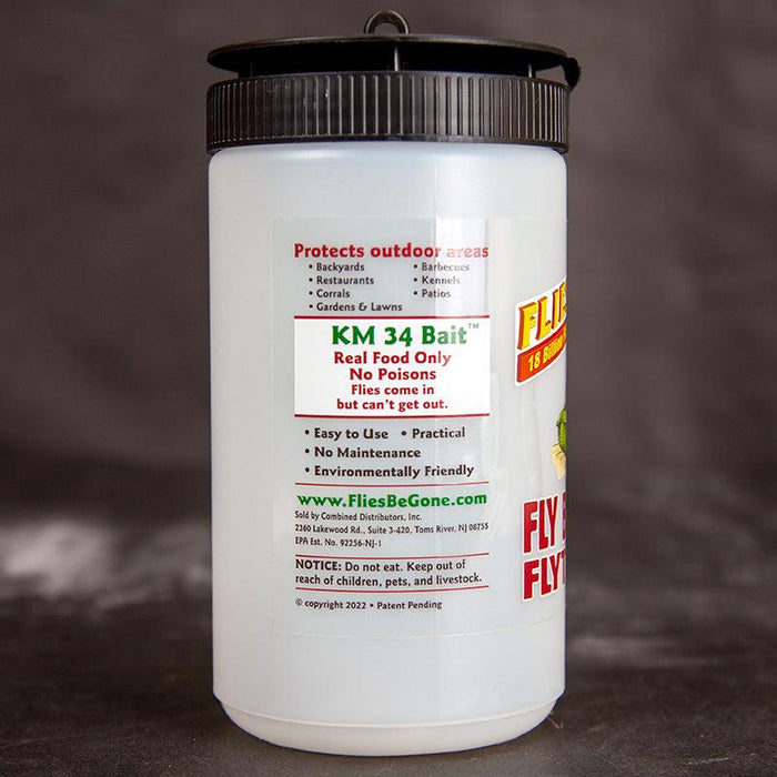 KM 34 Bait fly trap for outdoor areas. Non-toxic, real food only. Protects backyards, patios, restaurants. Environmentally friendly.