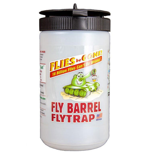 FLIES be GONE! Fly Barrel Flytrap. Effective outdoor insect pest control solution in white container with black lid.