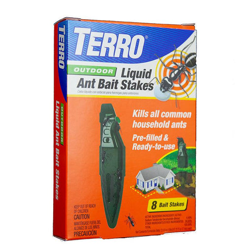 Terro Outdoor Liquid Ant Bait Stakes box. 8 pre-filled, ready-to-use stakes to kill common household ants.
