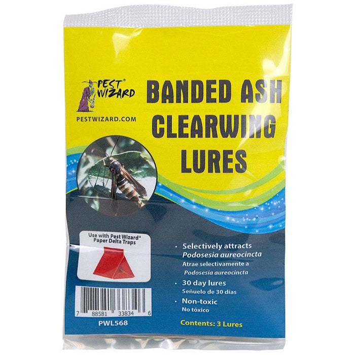 Pest Wizard Banded Ash Clearwing Lures. Attracts Podosesia aureocincta moths for 30 days. Non-toxic pest control traps, 3 lures.