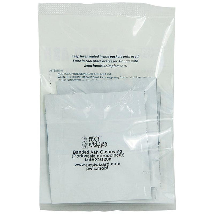 Pest Wizard Banded Ash Clearwing (Podosesia aureocincta) pheromone lure packets. Non-toxic insect trap for pest control.