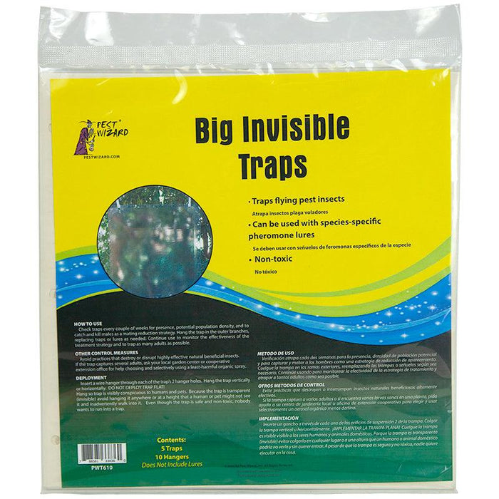 Pest Wizard Big Invisible Traps packaging for non-toxic flying insect control, uses pheromone lures. Contains 5 traps.