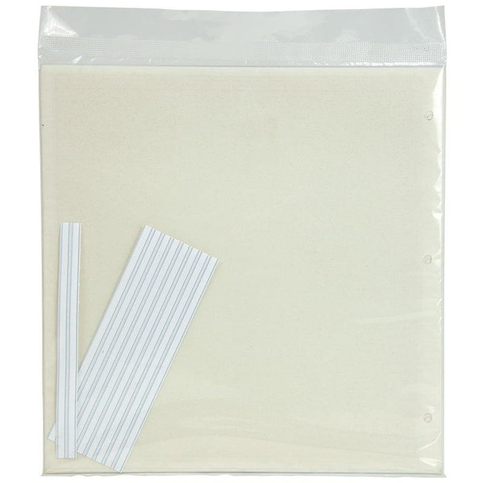 Cream 3-hole punched loose leaf binder paper in clear plastic packaging with two white lined adhesive strips.