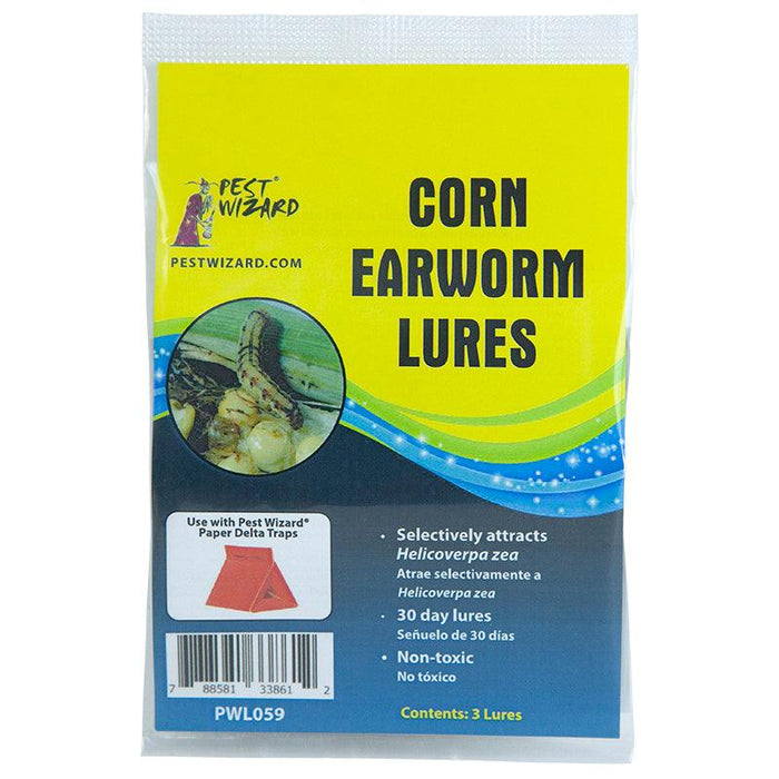 Pest Wizard Corn Earworm Lures in yellow packaging with earworm on corn. Non-toxic 30-day pheromone lures for pest control.