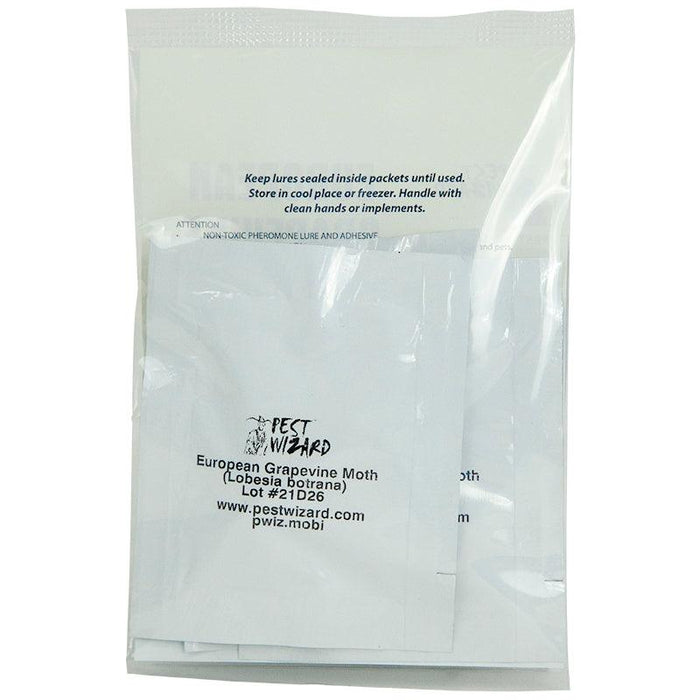 Pest Wizard European Grapevine Moth pheromone lure packet. Non-toxic pest control for Lobesia botrana.