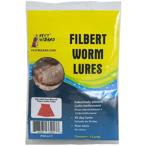 Pest Wizard Filbert Worm Lures package. Non-toxic Cydia latiferreana attractant for pest traps. Contains 3, 30-day lures.