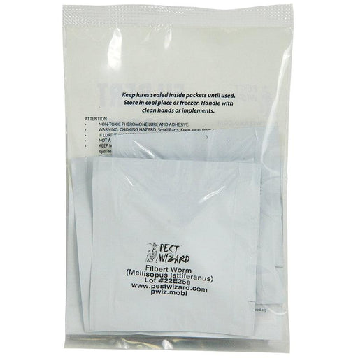 Pest Wizard Filbert Worm pheromone lure packet for Mellisopus lattiferanus pest control, with usage instructions.
