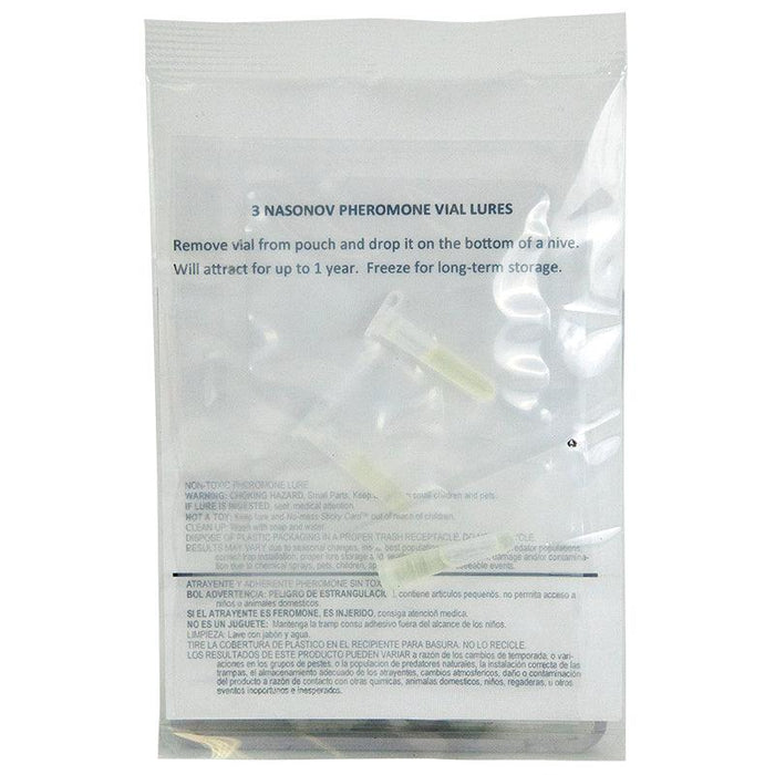 Three Nasonov pheromone vial lures in a plastic pouch for pest control and insect trapping.
