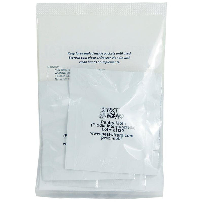 Pest Wizard Pantry Moth (Plodia interpunctella) lure packets. Non-toxic insect pest control bait.