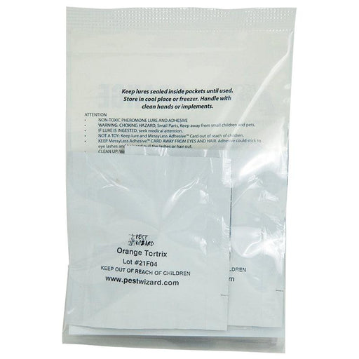 Pest Wizard Orange Tortrix pheromone lure and adhesive packets. Non-toxic insect trap refill for pest control.