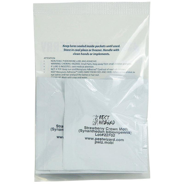 Pest Wizard Strawberry Crown Moth pheromone lure and adhesive trap packet, pest control.
