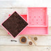Pink microgreen seed starting trays, one with soil, assorted microgreen seeds in bowls, and a spoon on wood.
