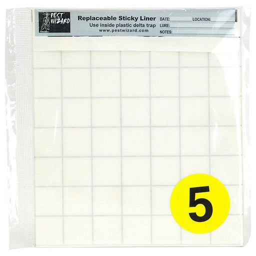 Pest Wizard replaceable sticky liner, grid, for delta insect traps. Clear package, pest monitoring trap refill, quantity 5.