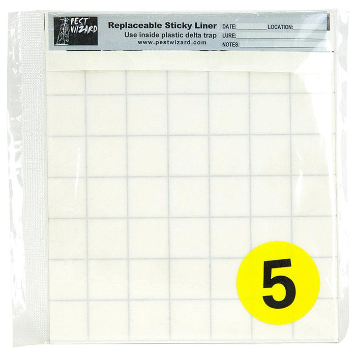 Pest Wizard replaceable sticky liner, grid, for delta insect traps. Clear package, pest monitoring trap refill, quantity 5.
