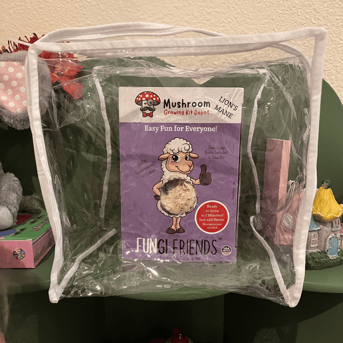 Fungi Friends Lion's Mane mushroom grow kit in clear bag. Purple package with sheep, easy guaranteed DIY mushroom growing.