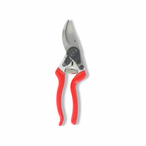Red handle bypass pruning shears with sharp silver blades for garden trimming.