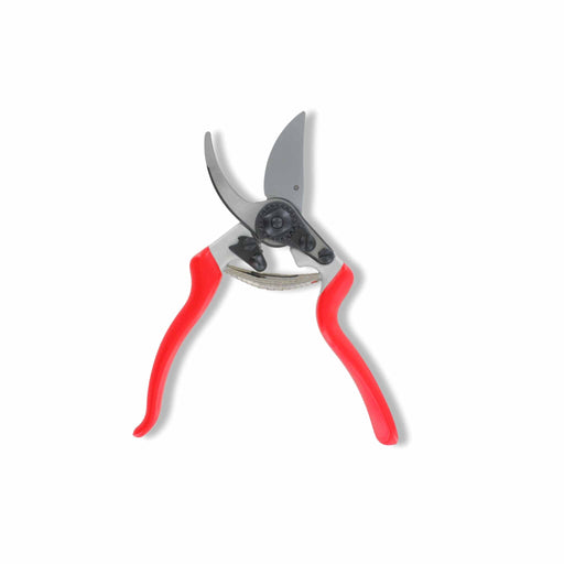 Red handled bypass pruners with sharp silver blades, a durable gardening tool for pruning plants and shrubs.