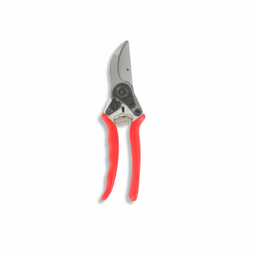 Red handle bypass pruning shears with sharp blades for gardening, plant trimming, and shrub maintenance.