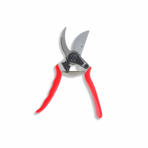 Red handle bypass pruning shears with sharp steel blades, ideal for garden trimming and plant maintenance.