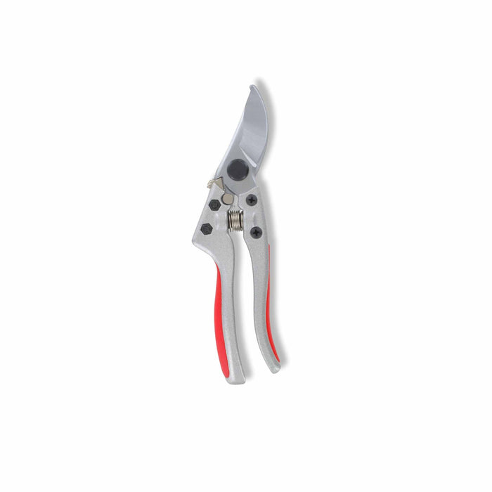 Bypass pruning shears with silver handles and red grips, a sharp garden tool for trimming plants.