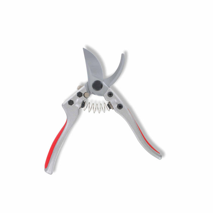 Silver bypass secateurs with red handles, ideal garden pruning tool.