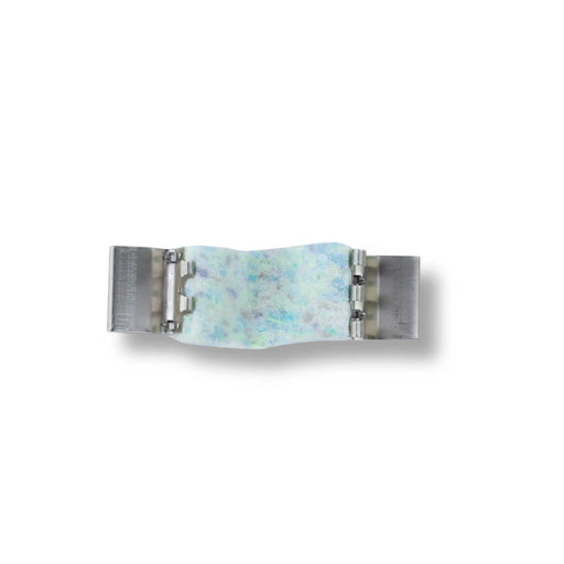 Iridescent blue-green-purple wavy bracelet with brushed silver metal clasp.