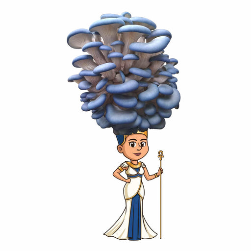 Stylized Egyptian queen wearing a blue oyster mushroom crown, holding an ankh staff.