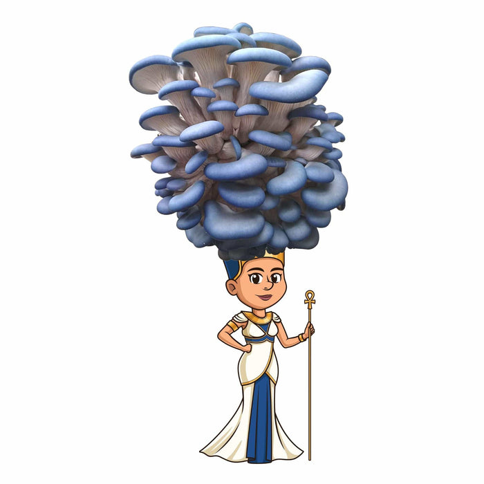 Stylized Egyptian queen wearing a blue oyster mushroom crown, holding an ankh staff.