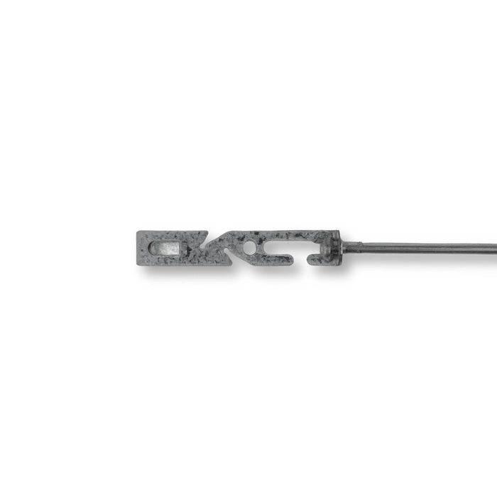 Gray textured metal cable end clip, featuring a distinct hook shape and connecting rod. For automotive and industrial use.